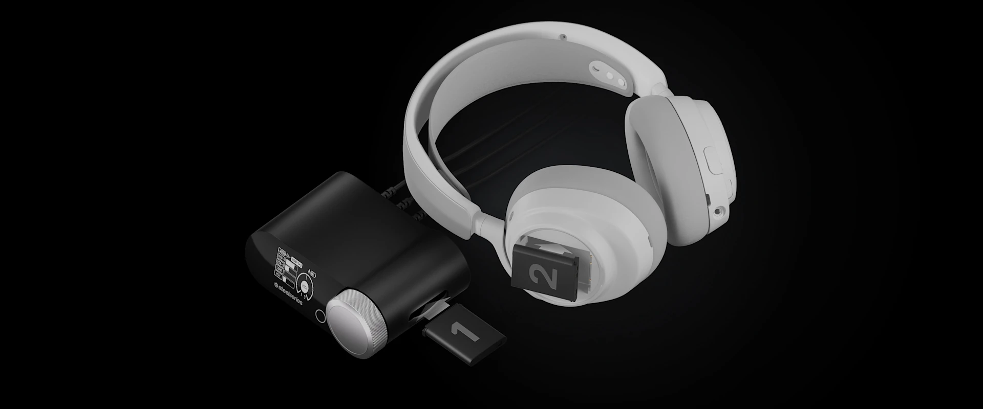 White Arctis Nova Pro Wireless headset lying beside its base station, with two hot-swappable batteries labeled 1 and 2.