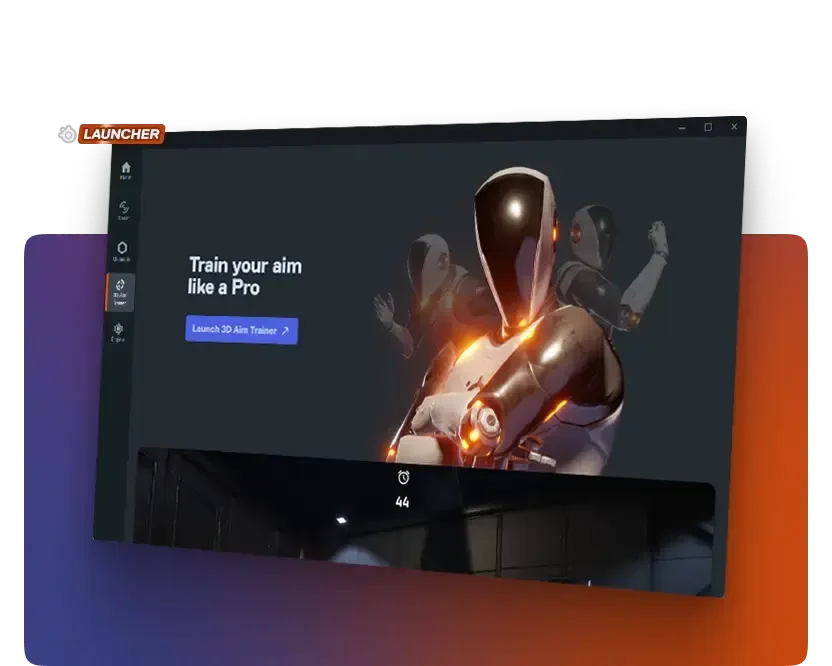 Ventana de inicio de 3D Aim Trainer con un robot futurista y el titular «Entrena tu puntería como un profesional».