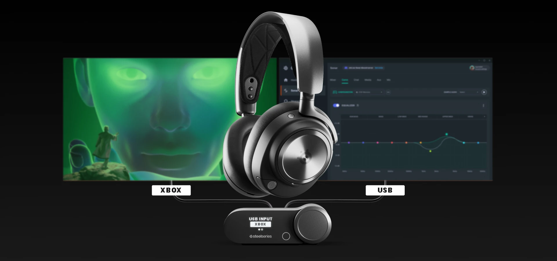 Black Arctis Nova Pro Wireless headphones connected to the TV and monitor.