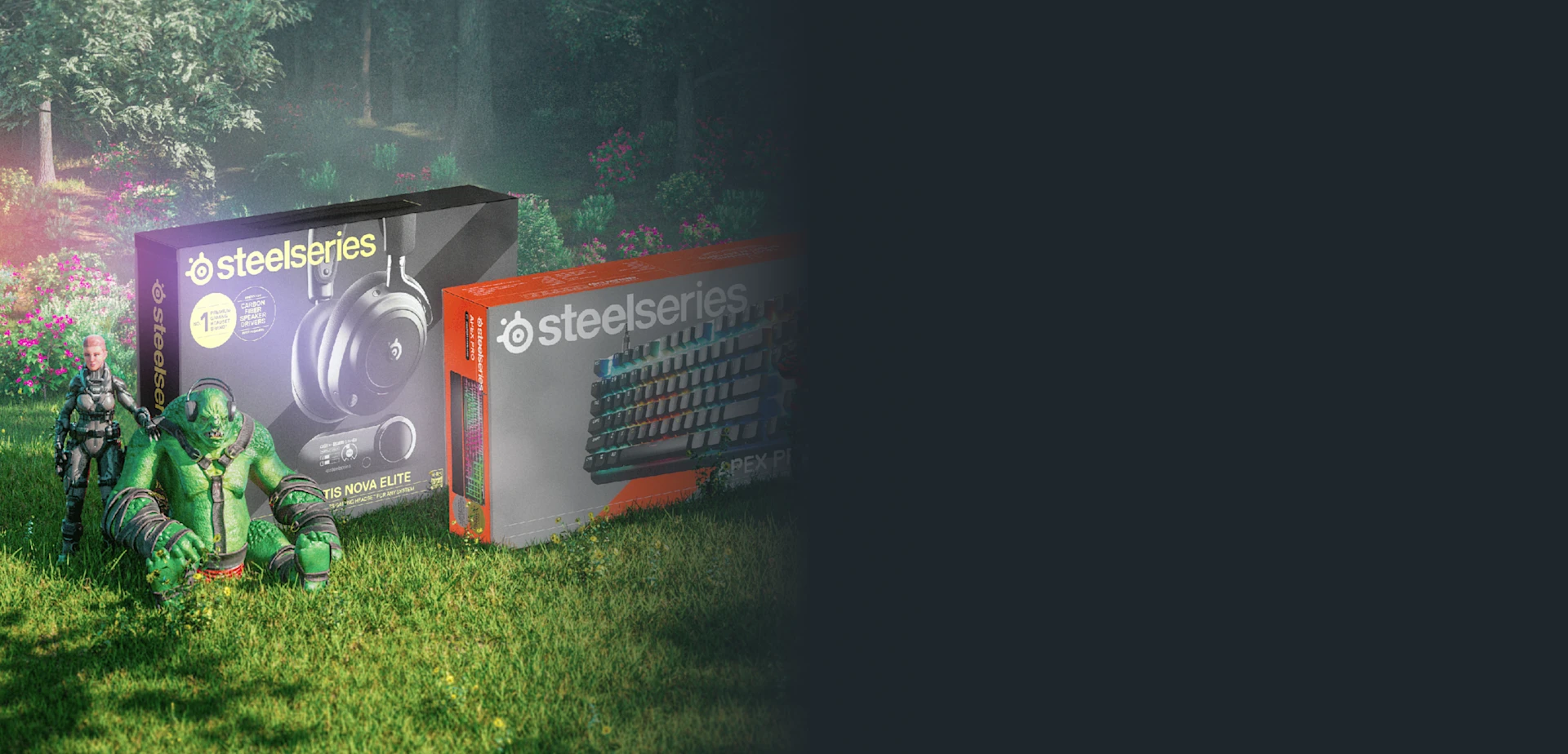 SteelSeries Arctis Nova Elite and Apex Pro keyboard boxes sitting in a lush, green forest clearing, accompanied by a small green ogre figurine and a gaming character figurine.