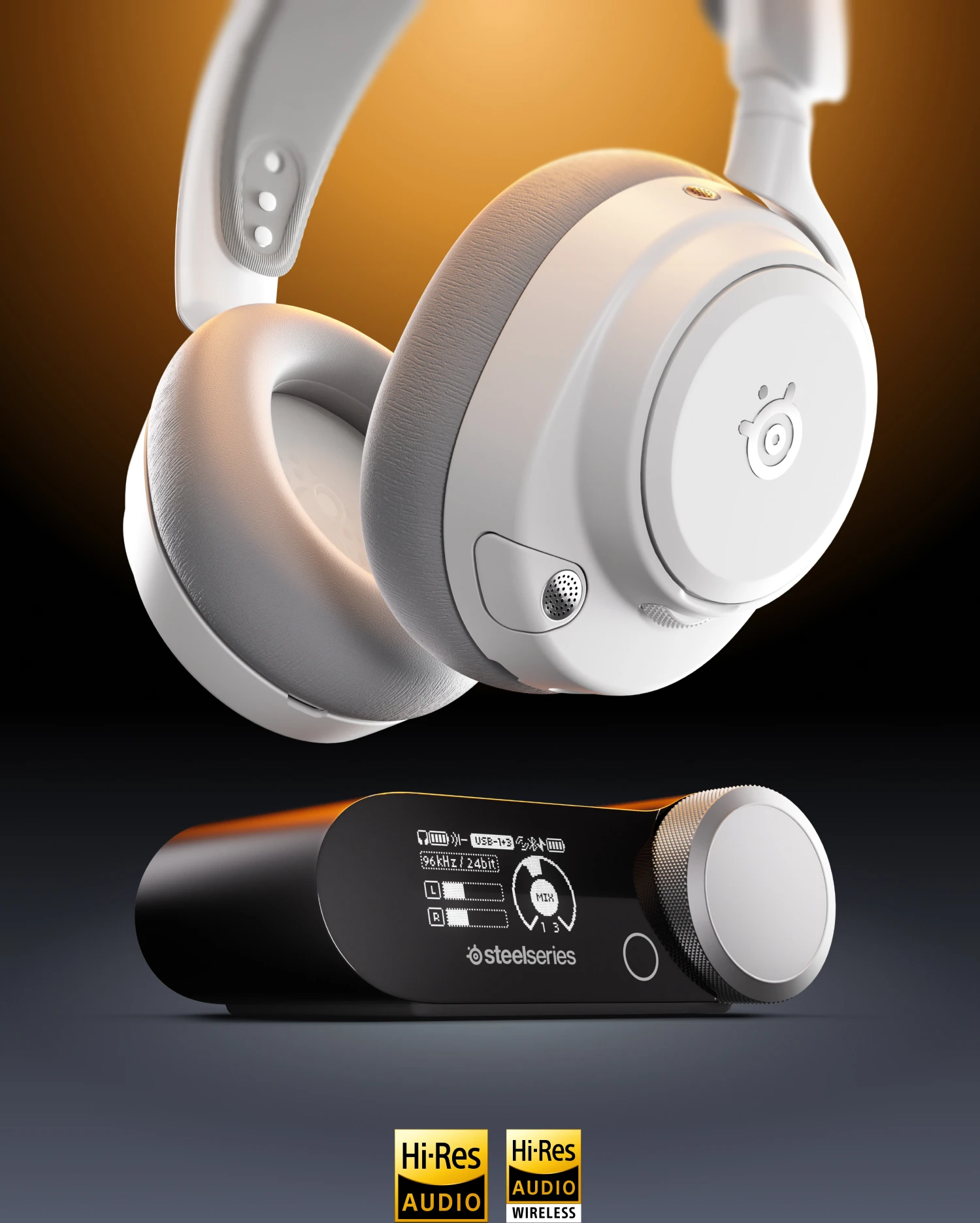 Floating black SteelSeries gaming headset above its wireless base station, lit by orange backlight with Hi-Res Audio certification badges below.