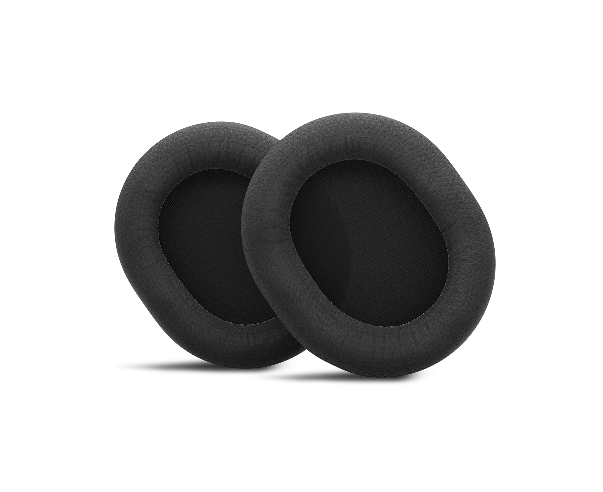 A pair of black, oval-shaped replacement ear cushions for SteelSeries Arctis gaming headsets, made of a textured fabric.