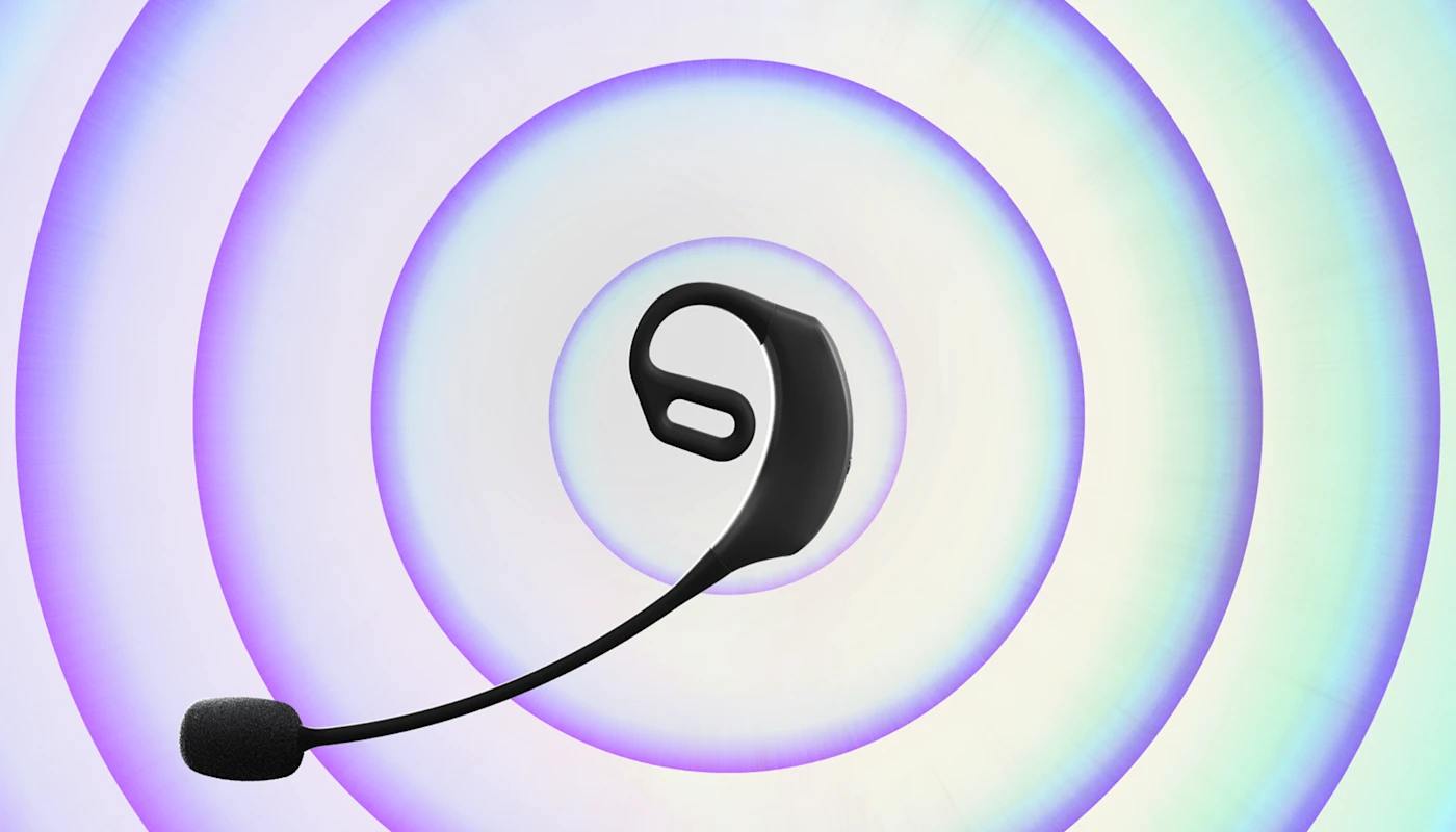 Un micro sans fil Arena avec des anneaux violets lumineux rayonnant vers l'extérieur en arrière-plan.