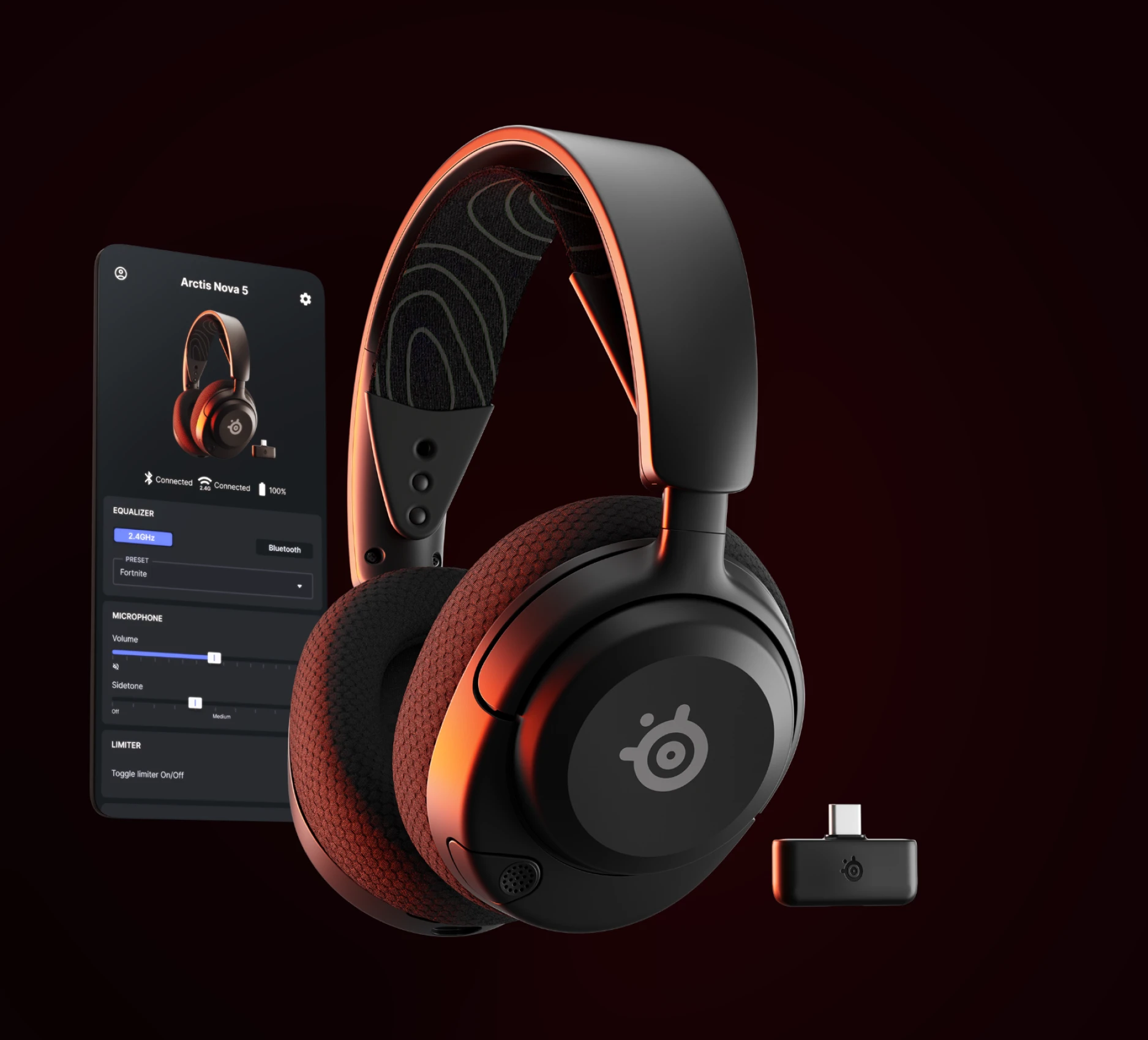 Arctis Nova 5 headset with a phone positioned on the left, displaying the Companion app.