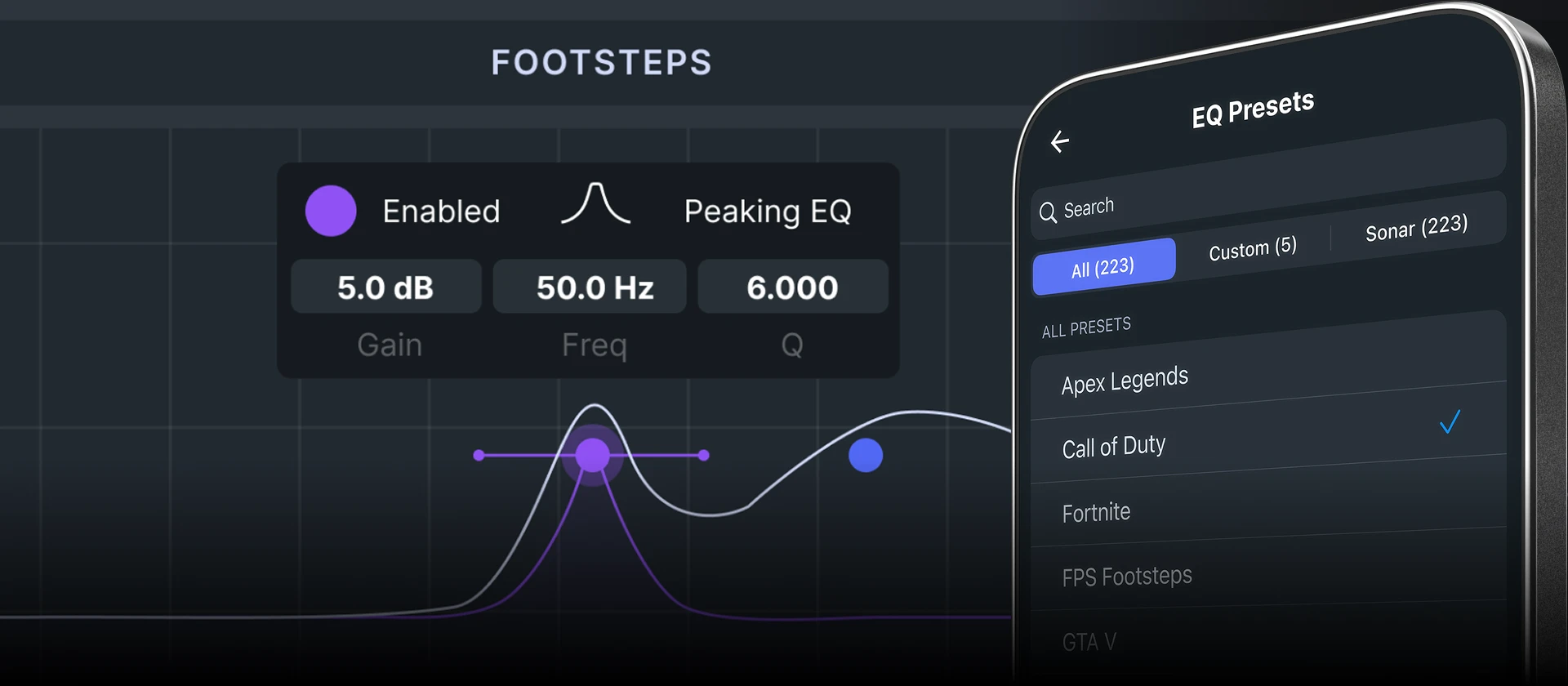 SteelSeries mobile app interface showing EQ presets for Apex Legends and Call of Duty with custom Peaking EQ settings to enhance footsteps audio for Arctis Nova 3 Wireless headsets.