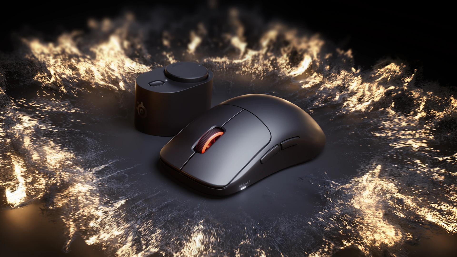 Black SteelSeries Sensei Pro wireless gaming mouse and transmitter station.