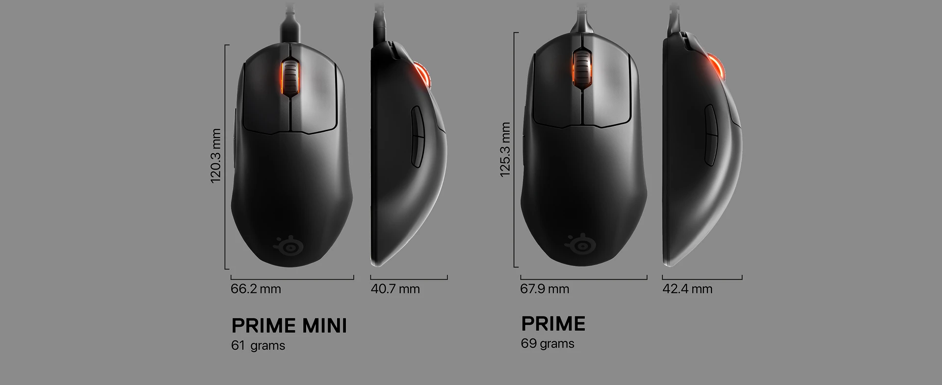 Una imagen que muestra las dimensiones y el peso de un prime mini y un prime mouse.