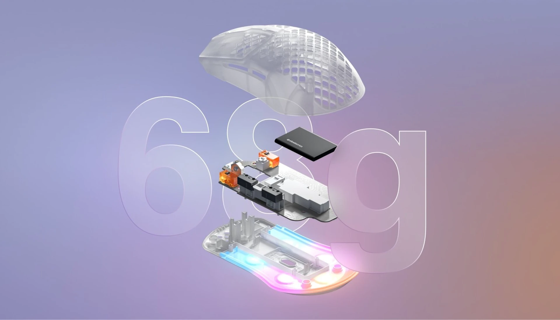 Aerox 3 Wireless 2022 mouse, with all the parts shown vertically. Text behind image reads "68 g".