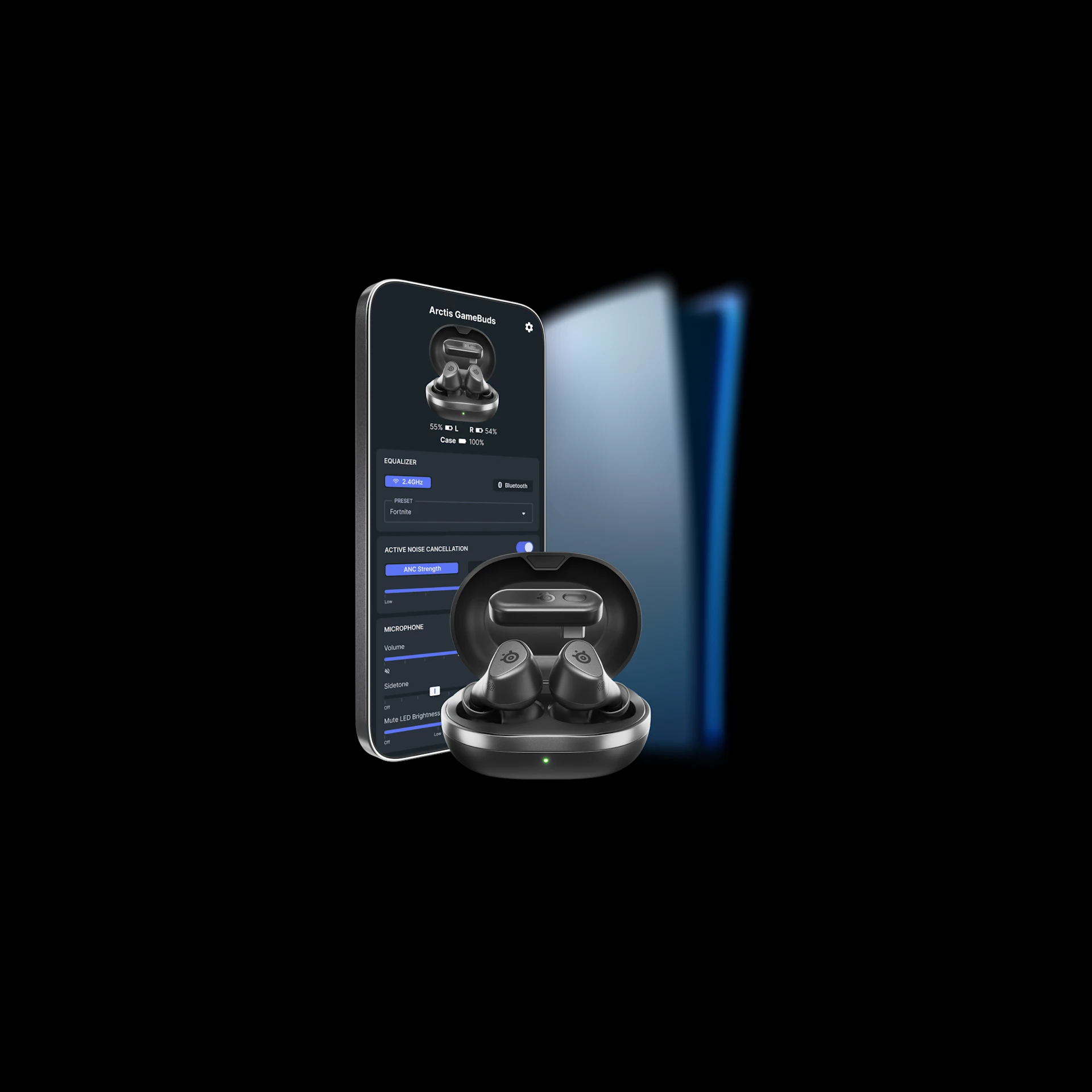 On a black background, a phone with the Nova App, a PlayStation 5, and Arctis GameBuds.