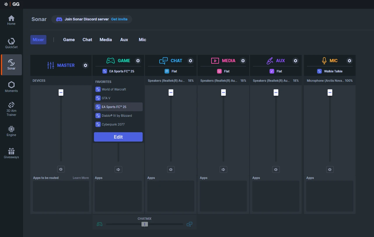 Sonar front page with all options to modify sound.