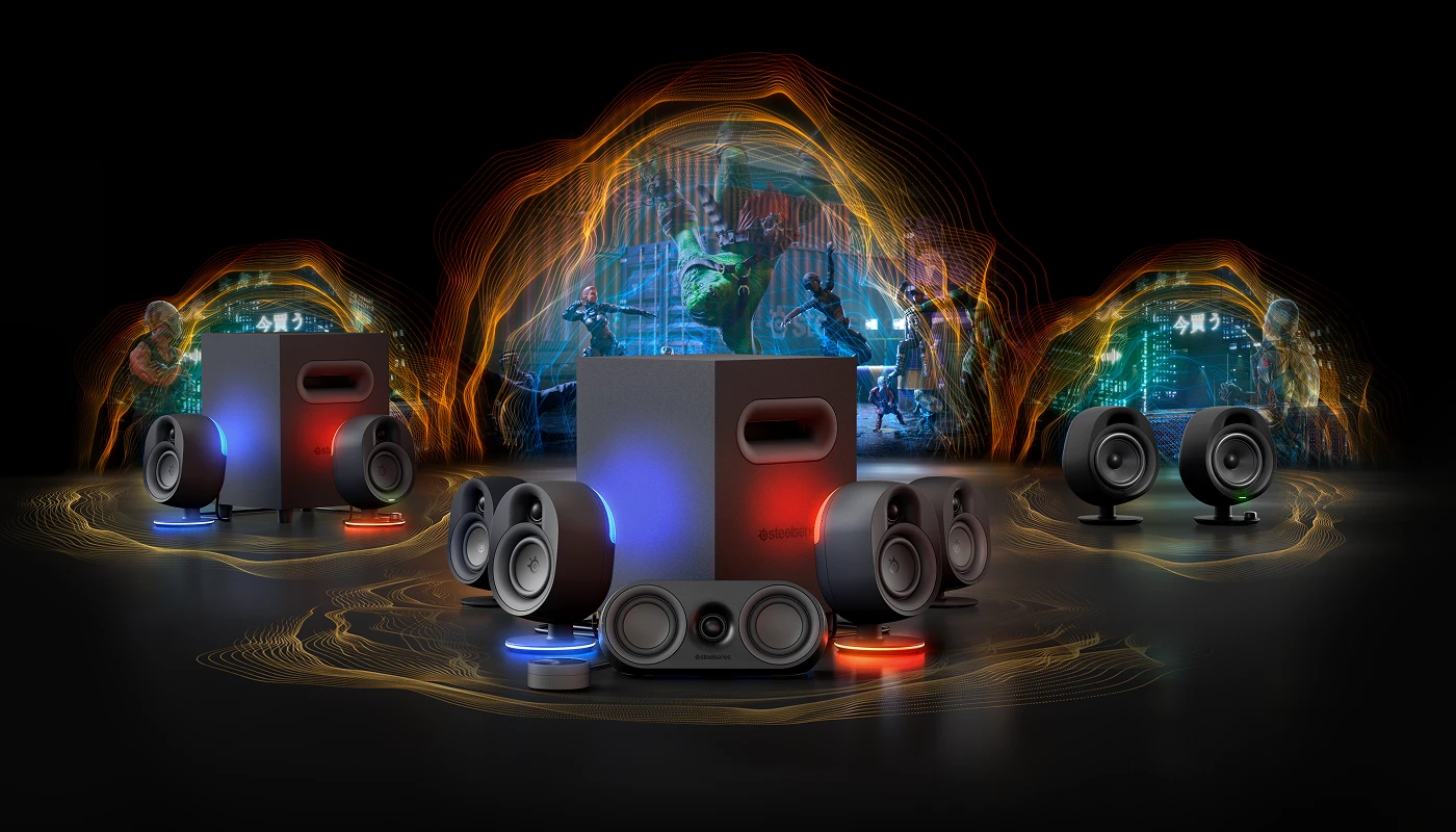 Une image de la gamme Arena Speaker avec des ondes sonores lumineuses rayonnant derrière les enceintes.