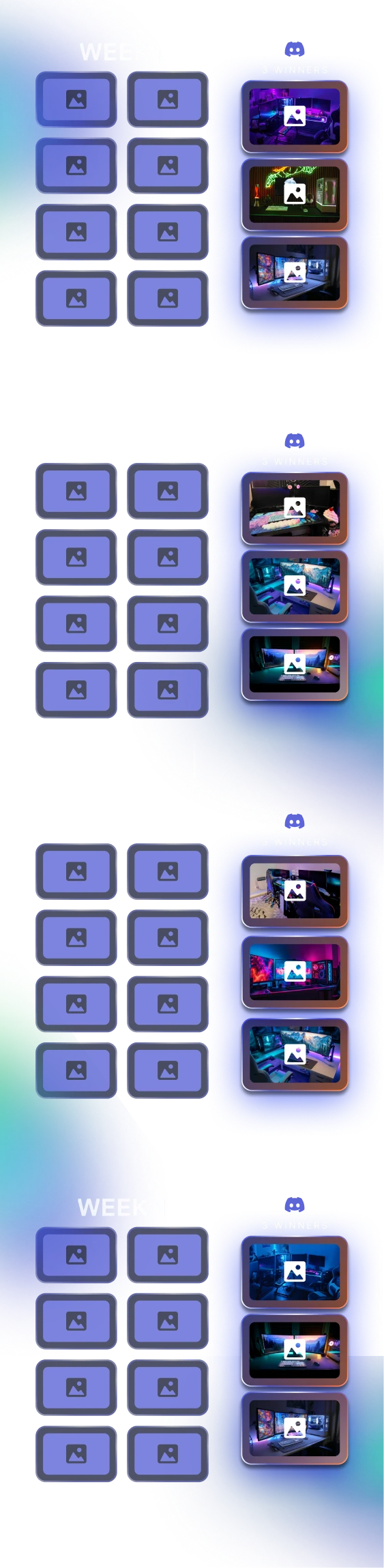 "Path to Glory" timeline showing four weeks of photo submissions. Each week features a grid of entries leading to three winners under a Discord icon, set against a dark