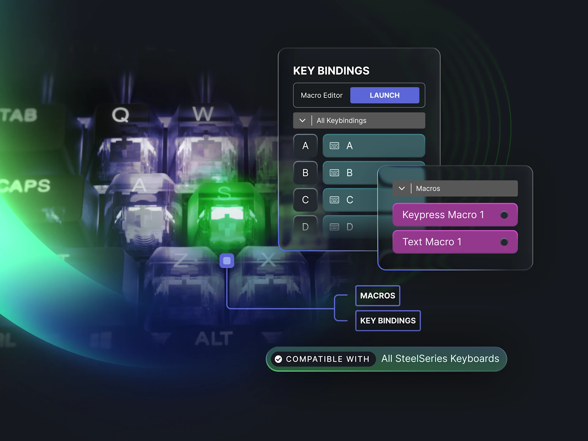 A close-up of translucent mechanical keyboard switches with a software overlay showing key binding and macro editor menus, labeled "Compatible With All SteelSeries Keyboards."