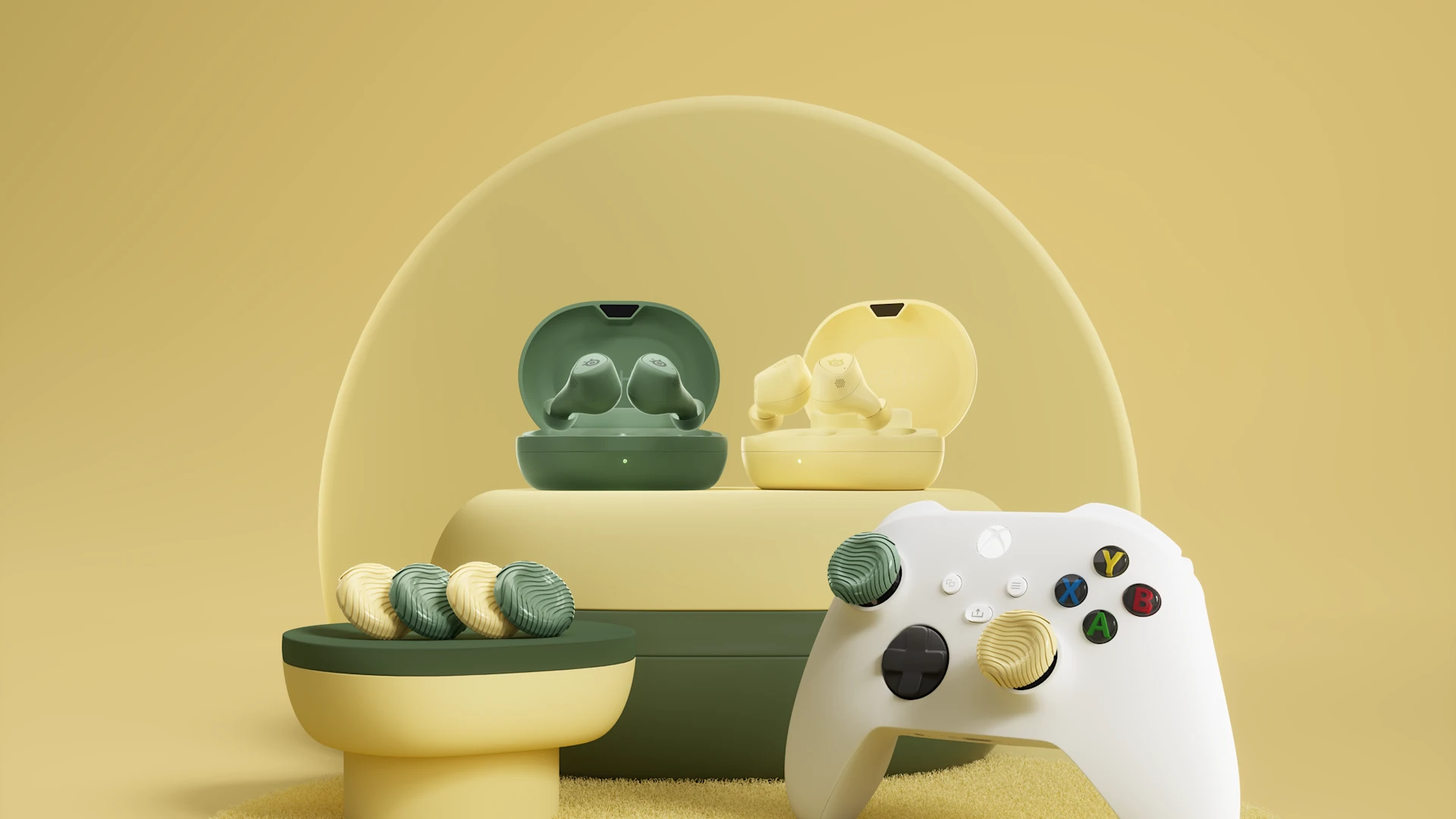 SteelSeries Arctis GameBuds in matcha green and yuzu yellow with charging cases alongside a white Xbox controller featuring KontrolFreek thumbsticks.