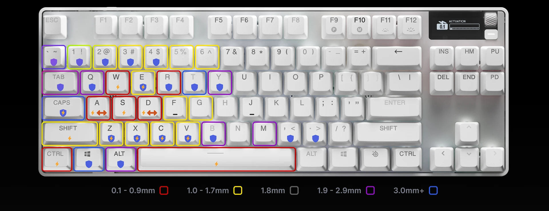 SteelSeries Apex Pro TKL Gen 3 gaming keyboard showing QuickSet custom RGB actuation zones and millimeter distance legend.