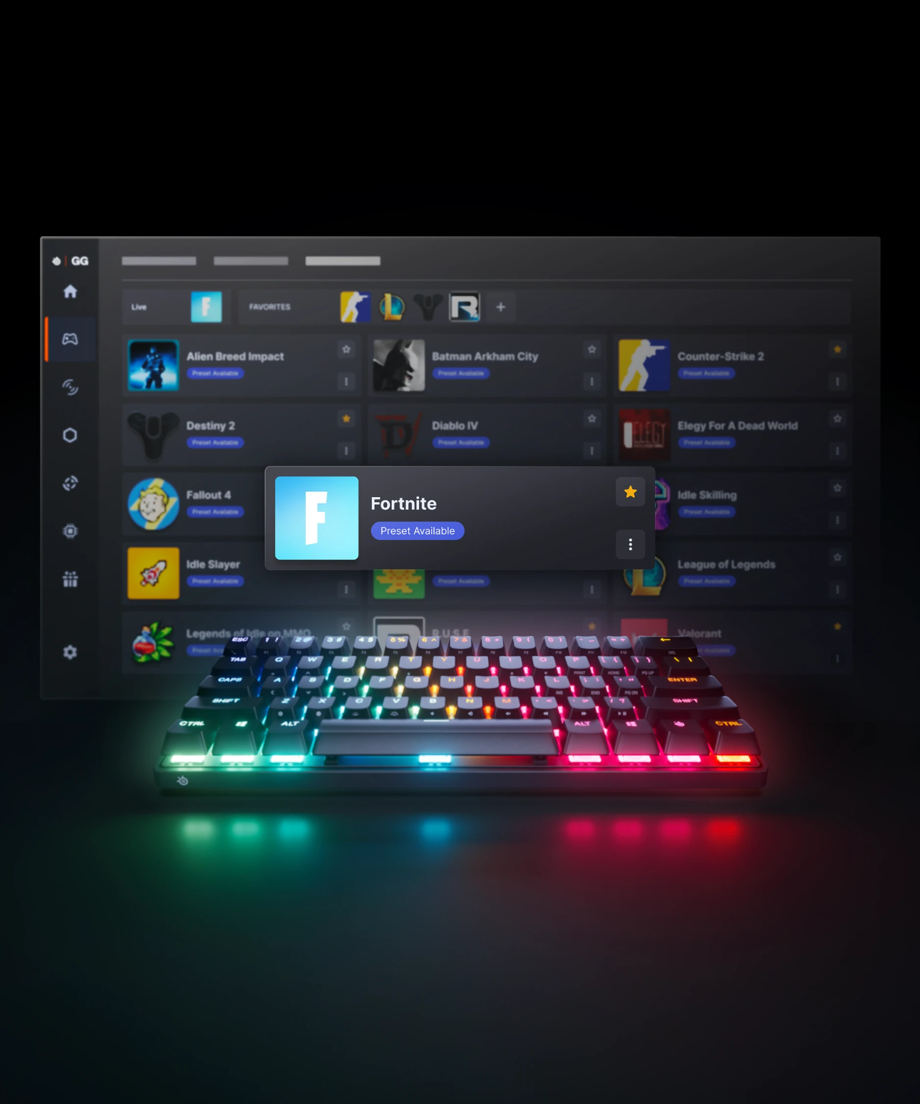 Apex pro keyboard with displayed landing page of gg software in the background.