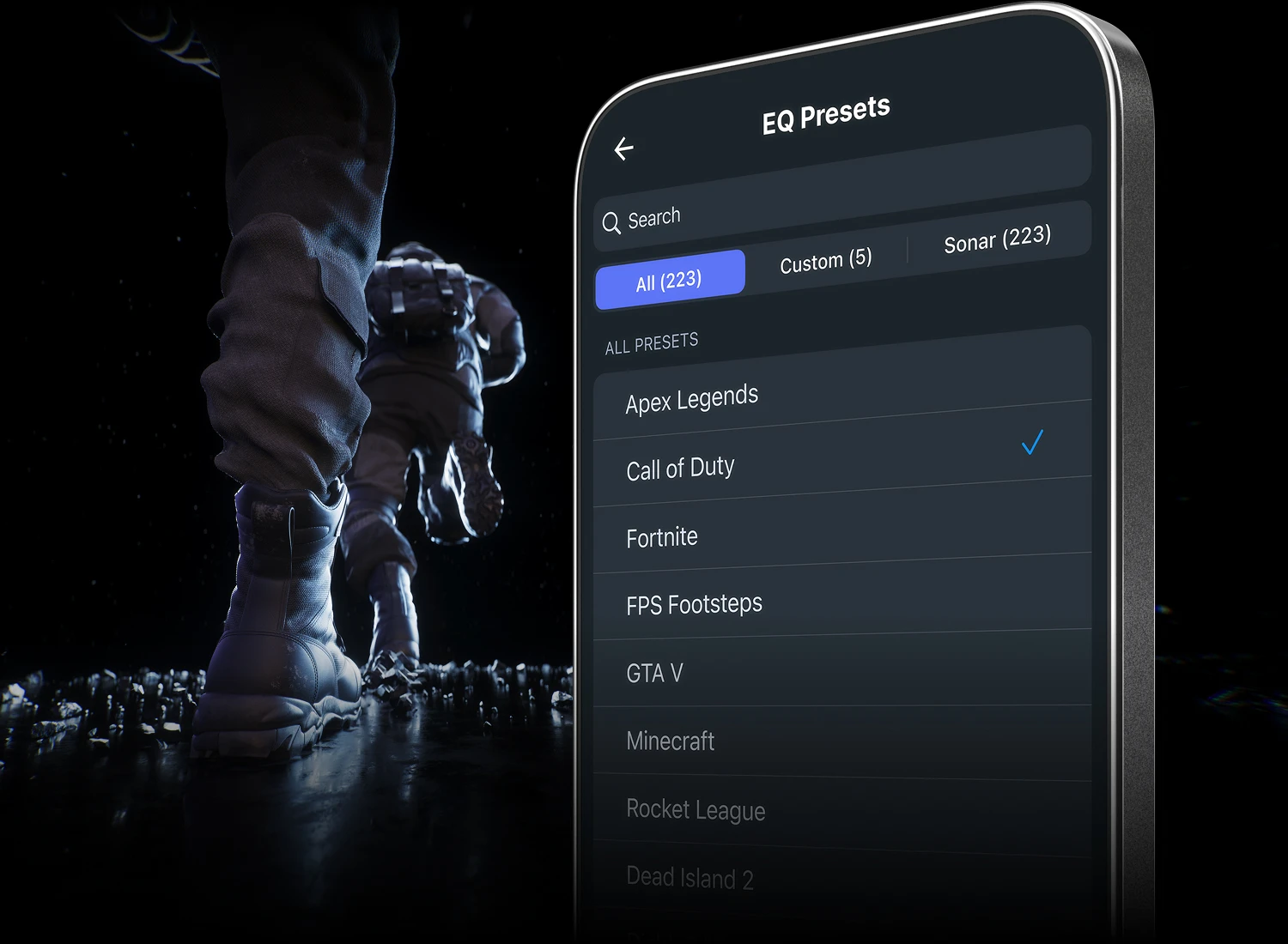 A phone displaying the settings from the Companion app on the screen, with characters running next to the device.