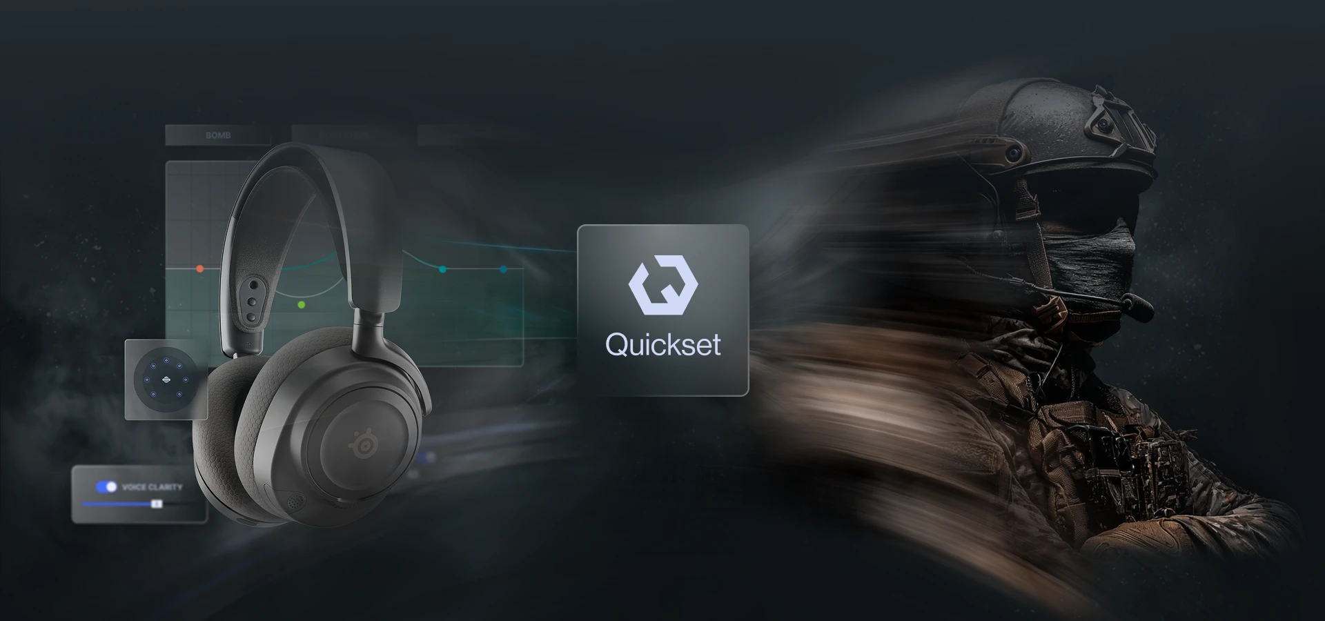 Cuffie Arctis Nova e soldato, entrambi sfocati, con il logo QuickSet al centro.