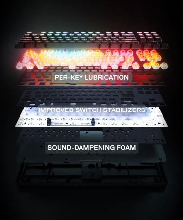 Un teclado Apex Pro Gen 3 tkl diseccionado, dividido en partes y etiquetado para mostrar lo que contiene cada componente.