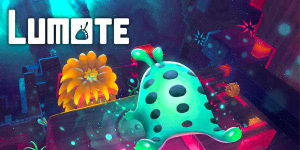 The logo for the game "Lumote" over artwork of its main character, a glowing green creature in a vibrant, bioluminescent world.