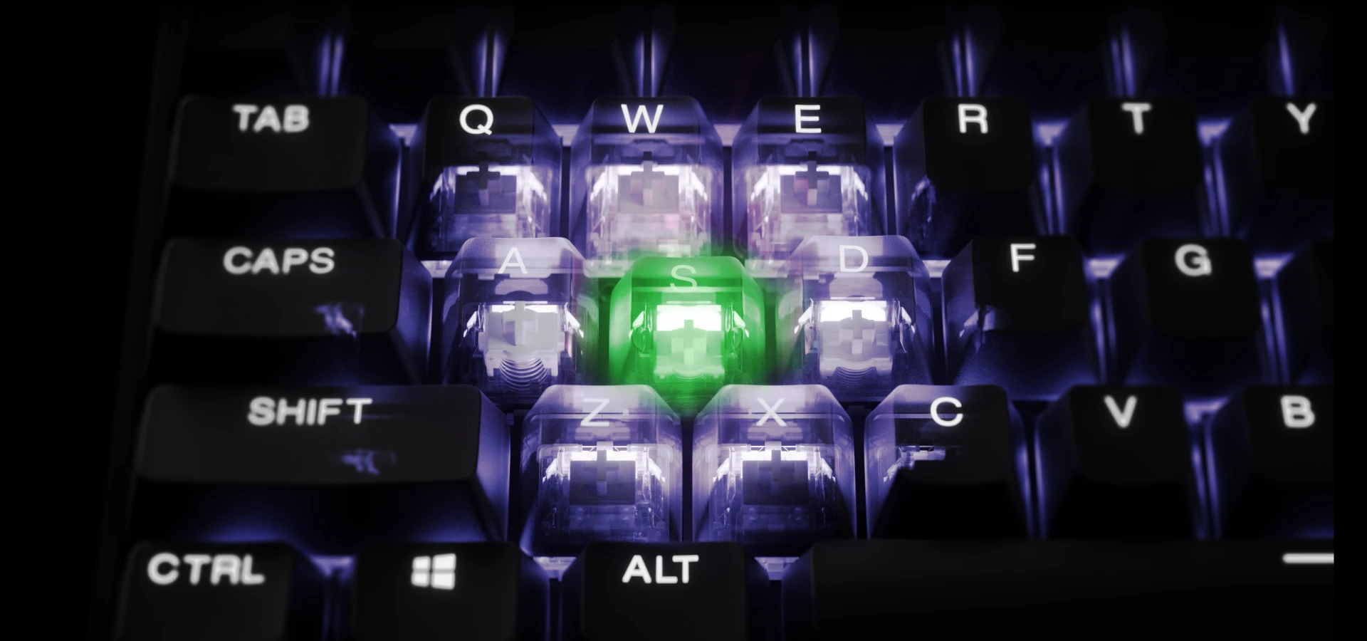 Um close-up das teclas do ASDF, que são iluminadas e transparentes