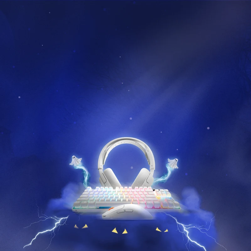 Promotiebanner ‘Spooky Savings’ met SteelSeries-gamingapparatuur – headset, RGB-toetsenbord, muis en controller – zwevend te midden van paarse bliksemschichten.