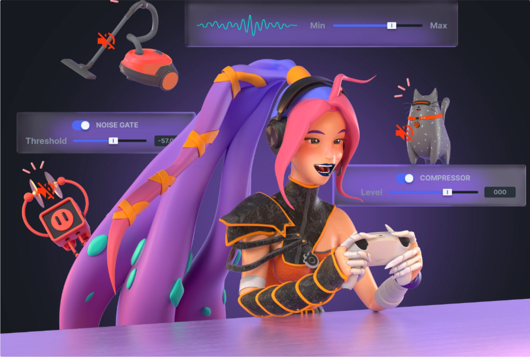 An illustrated gamer uses AI-powered noise-canceling software to eliminate background noise from her microphone.