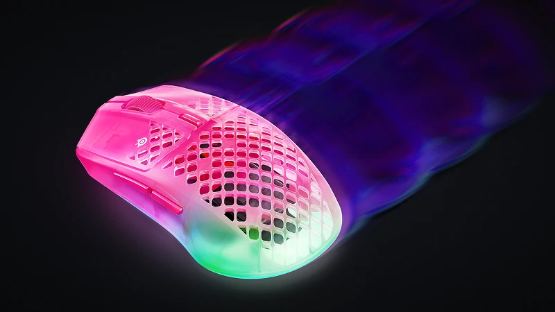 Translucent RGB mouse in motion blur trail, emphasizing fast, lightweight performance.