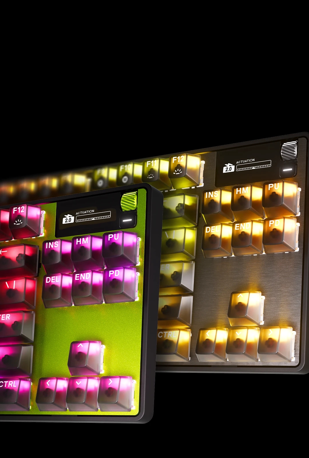 Close-up of the Apex Pro TKL Gen 3 gaming keyboard featuring pink RGB keycaps, a yellow top plate, an OLED smart display, and floating feature tags for Protection Mode, Rapid Trigger, and Rapid Tap.