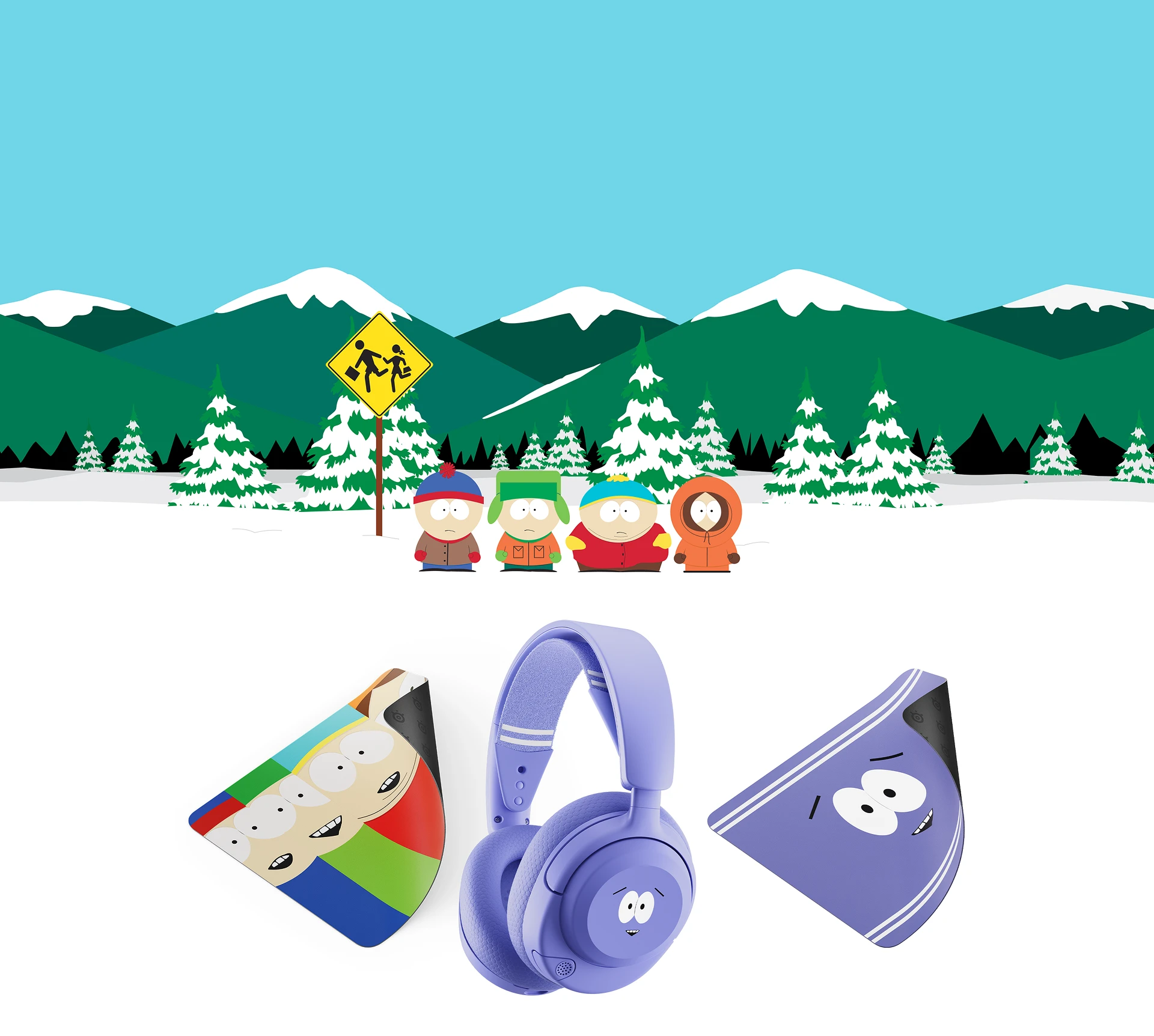 Limited-edition SteelSeries x South Park gaming gear design featuring characters Stan, Kyle, Cartman, and Kenny standing in the snow against a mountain backdrop.