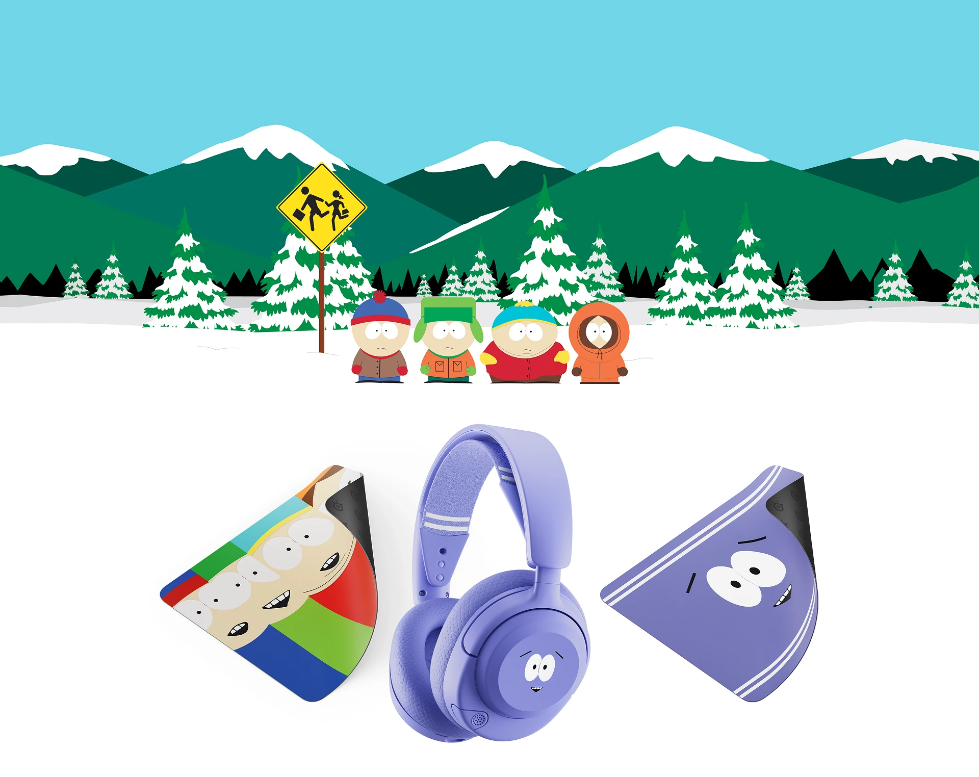 Limited-edition SteelSeries x South Park gaming gear design featuring characters Stan, Kyle, Cartman, and Kenny standing in the snow against a mountain backdrop.