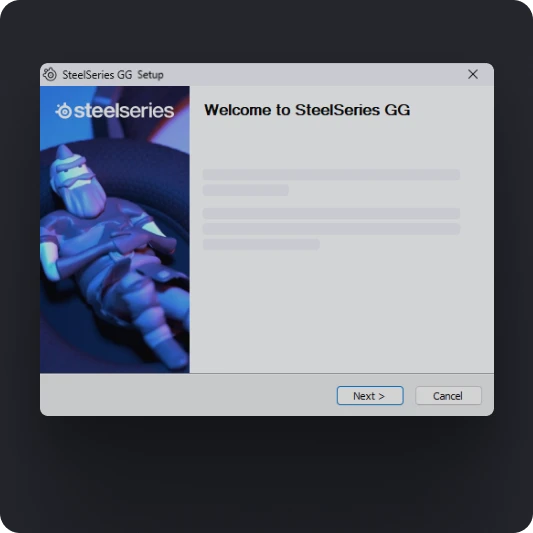 Pantalla de bienvenida del asistente de configuración de SteelSeries GG, que muestra el logotipo del software y el mensaje «Bienvenido a SteelSeries GG».