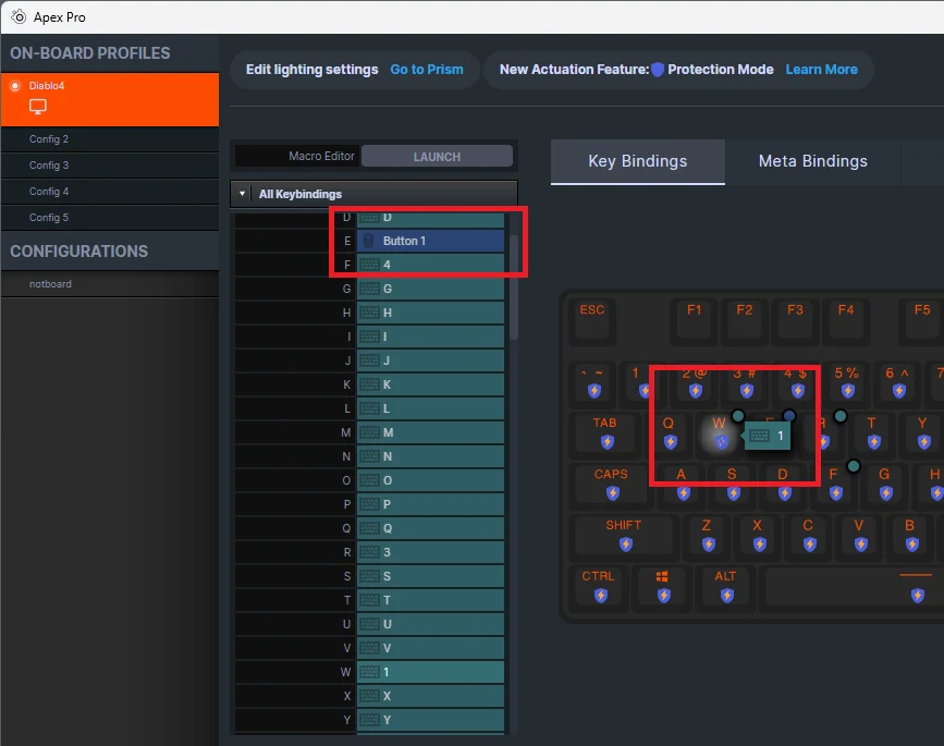 Screenshot of the GG engine keyboard binding setup options.