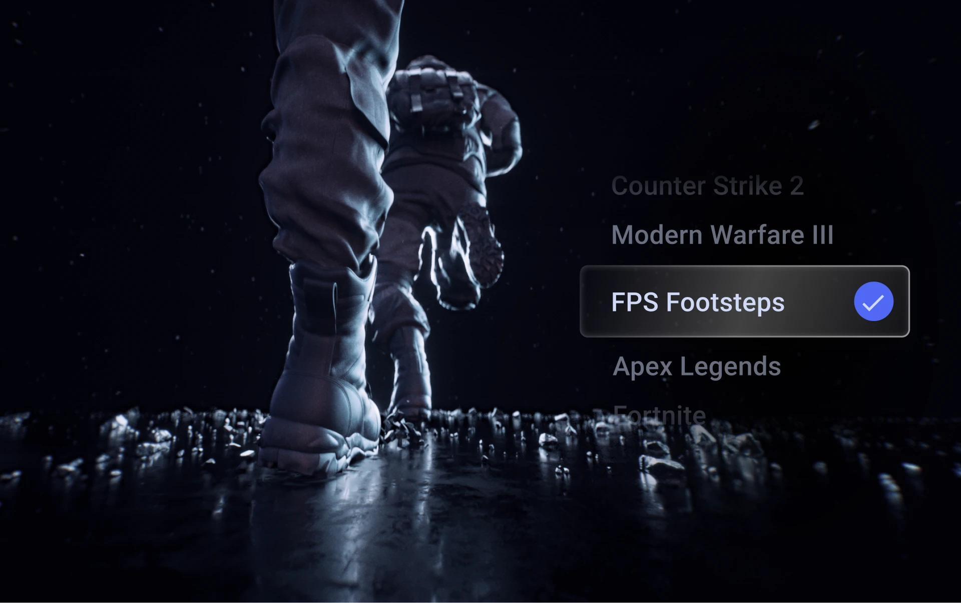 Dos personas corriendo en la misma dirección, solo se ven sus zapatos en la foto, todo en tonos grises; en el lado derecho, se destaca la opción de la aplicación Arctis Companion «FPS Footsteps».