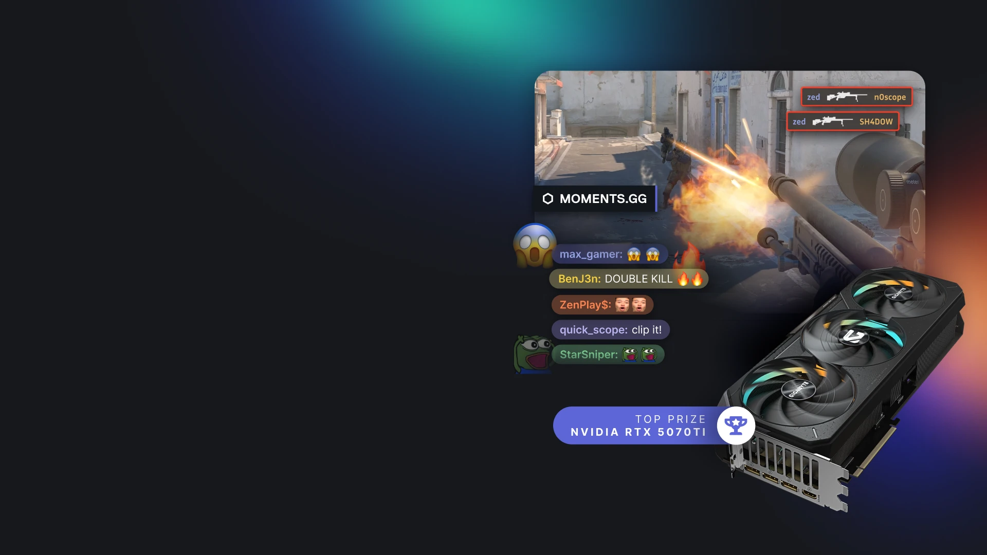 Una imagen con un premio máximo con un doble asesinato en CS:GO recortada con Moments behind.