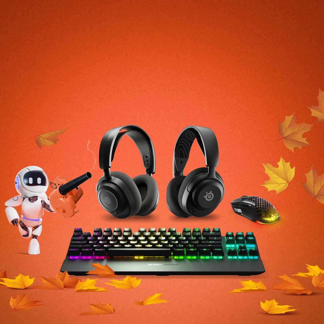 Assorted SteelSeries gear pictured with an autumn background.