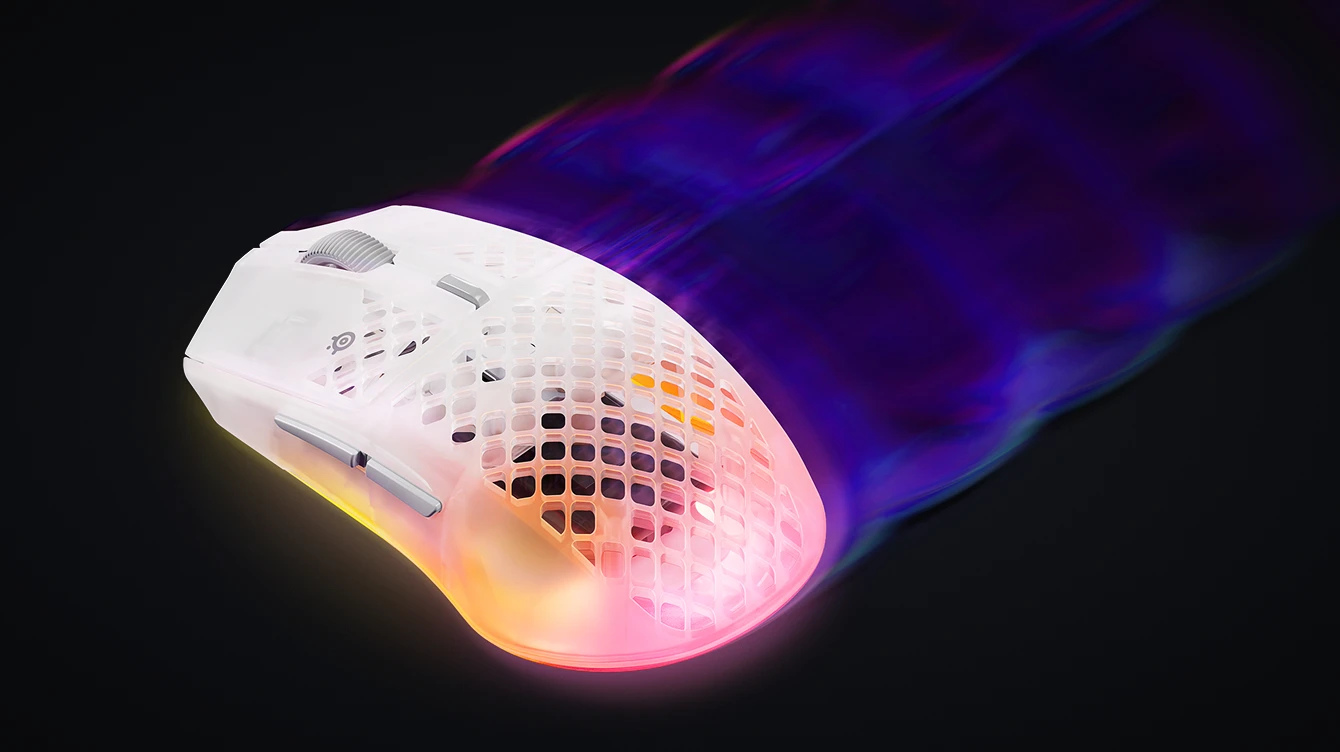 Translucent RGB mouse in motion blur trail, emphasizing fast, lightweight performance.