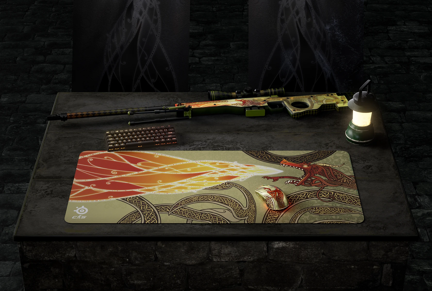 A collection of CS2 Dragon Lore-themed SteelSeries gaming peripherals, including a mouse and mousepad.