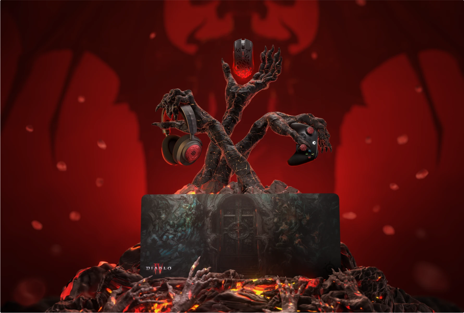A collection of Diablo IV-themed SteelSeries gaming peripherals, including a headset, mouse, and mousepad.