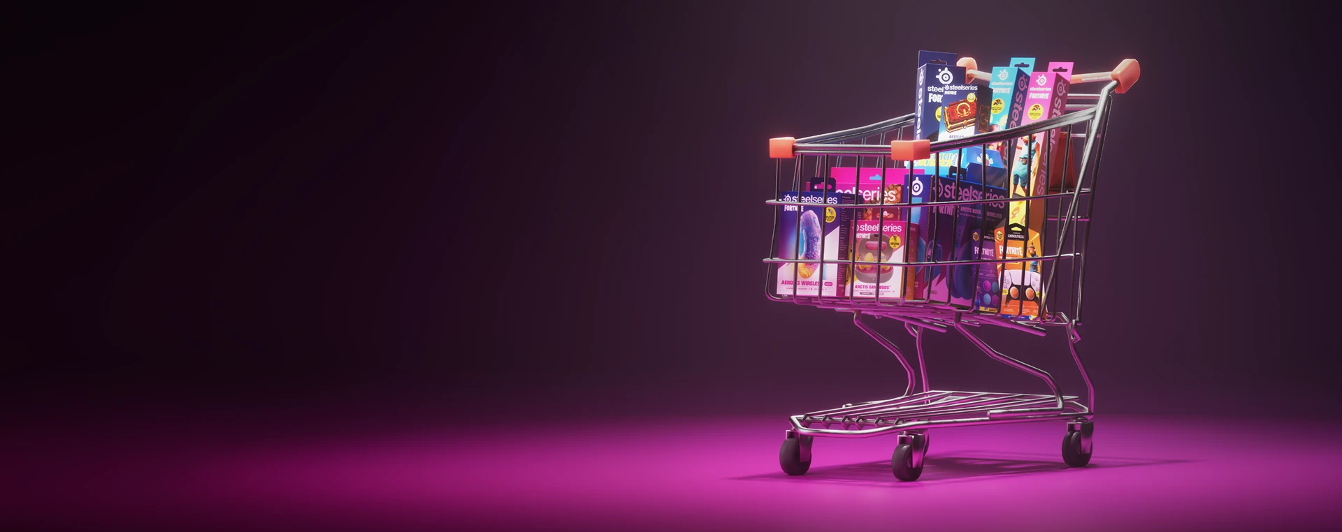 Shopping cart filled with packaged SteelSeries Fortnite collection gaming gear against a purple background.