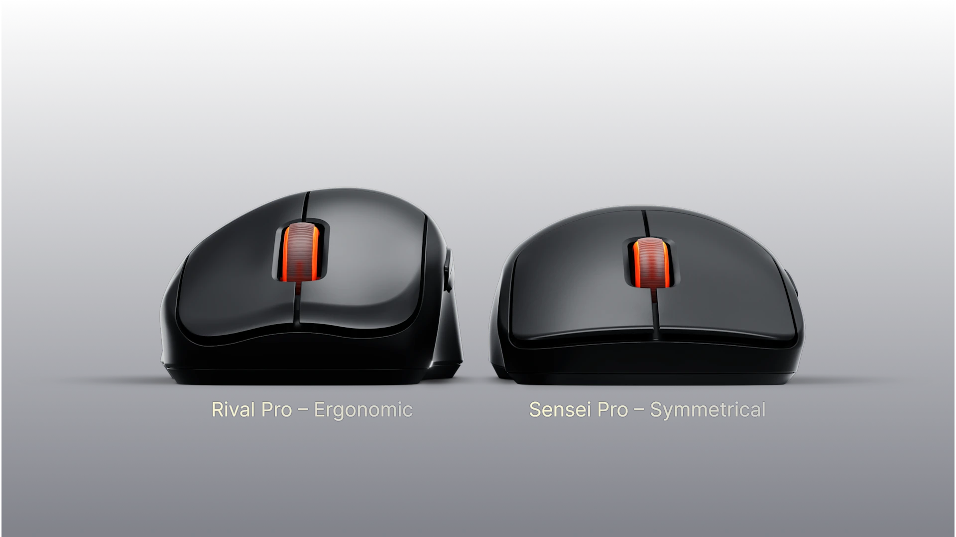 Side-by-side front view comparing the ergonomic Rival Pro gaming mouse and the symmetrical Sensei Pro gaming mouse.
