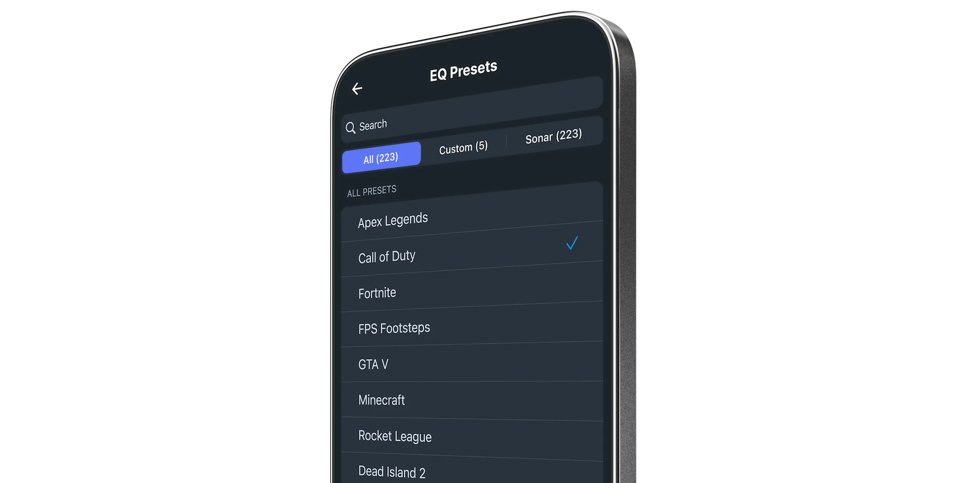Close-up of a smartphone screen displaying the SteelSeries mobile companion app with the EQ Presets menu for gaming audio settings.