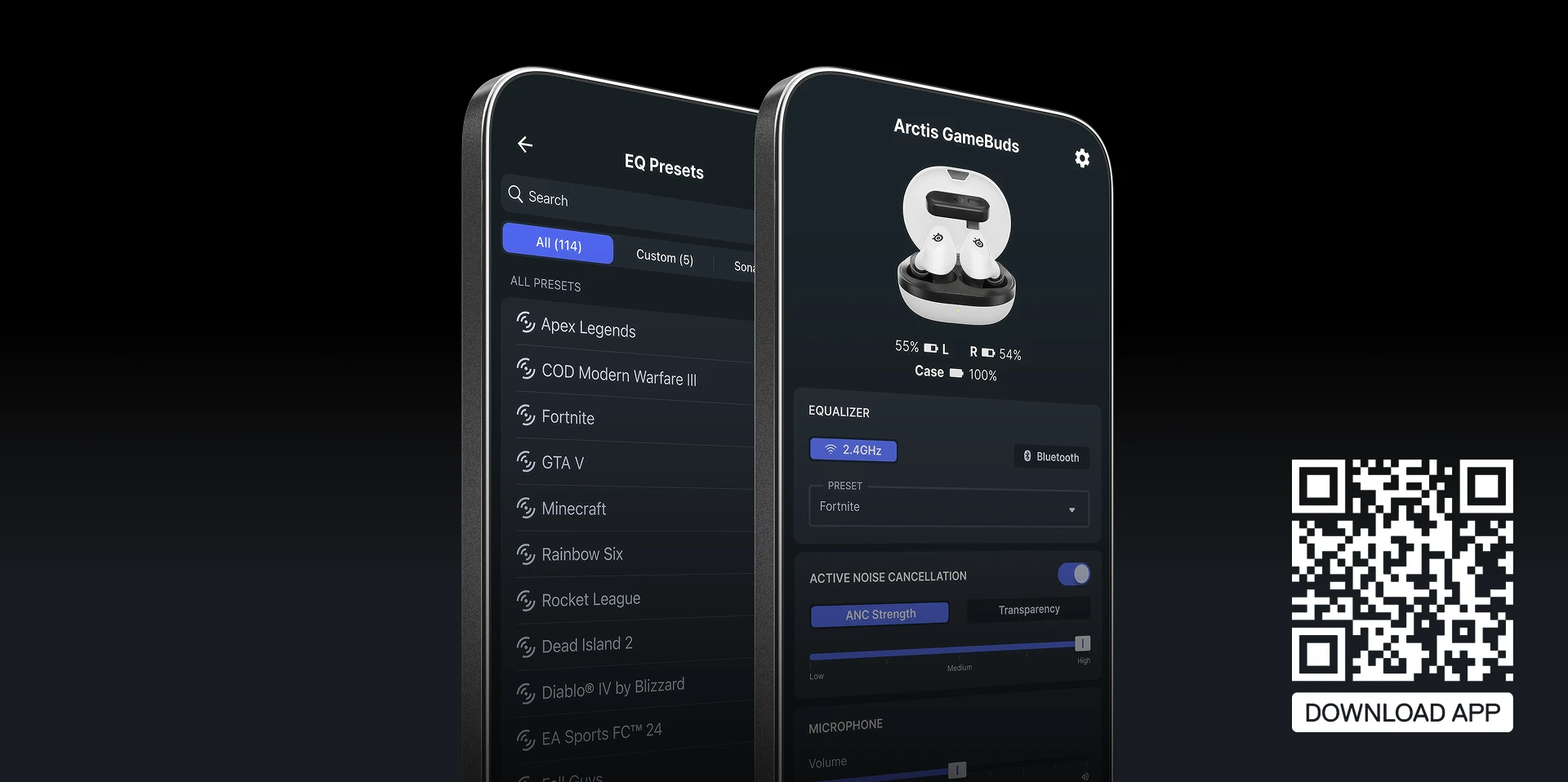 Dois telefones posicionados verticalmente, com predefinições e opções visíveis exibidas a partir do aplicativo Arctis Companion.