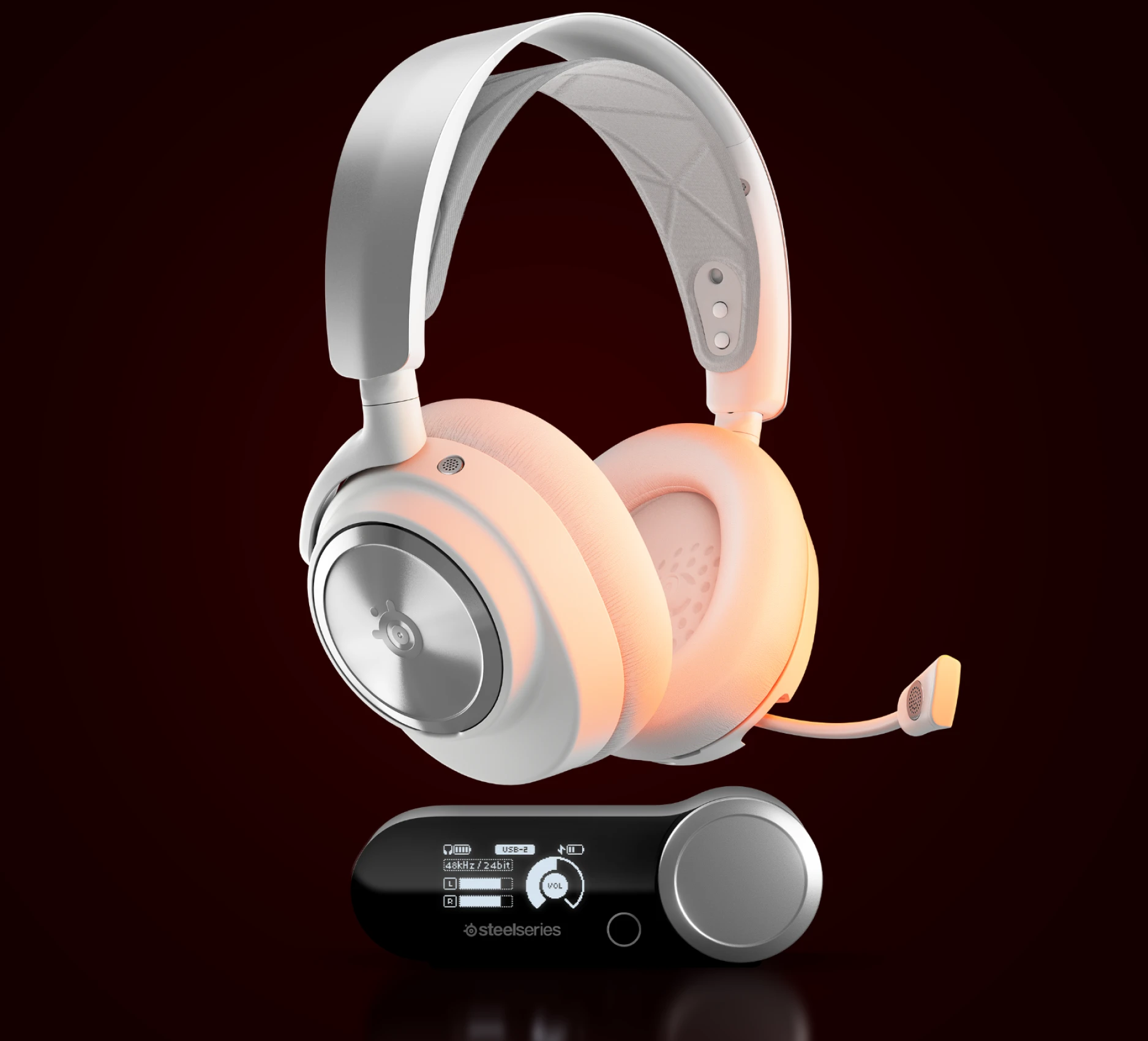 Un par de auriculares inalámbricos arctis nova pro blancos sobre fondo rojo/negro.