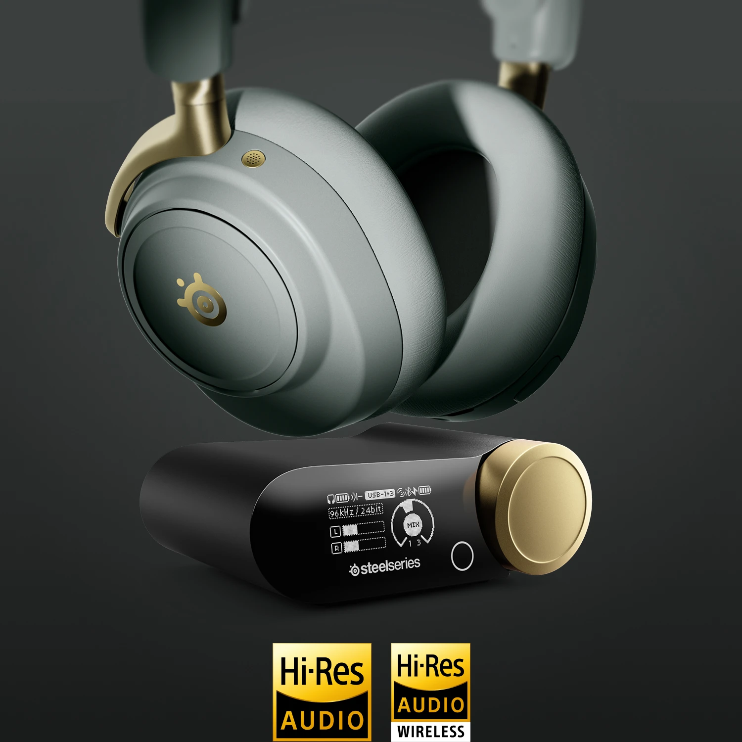 Arctis Nova Elite sage gold hoovering above docking station