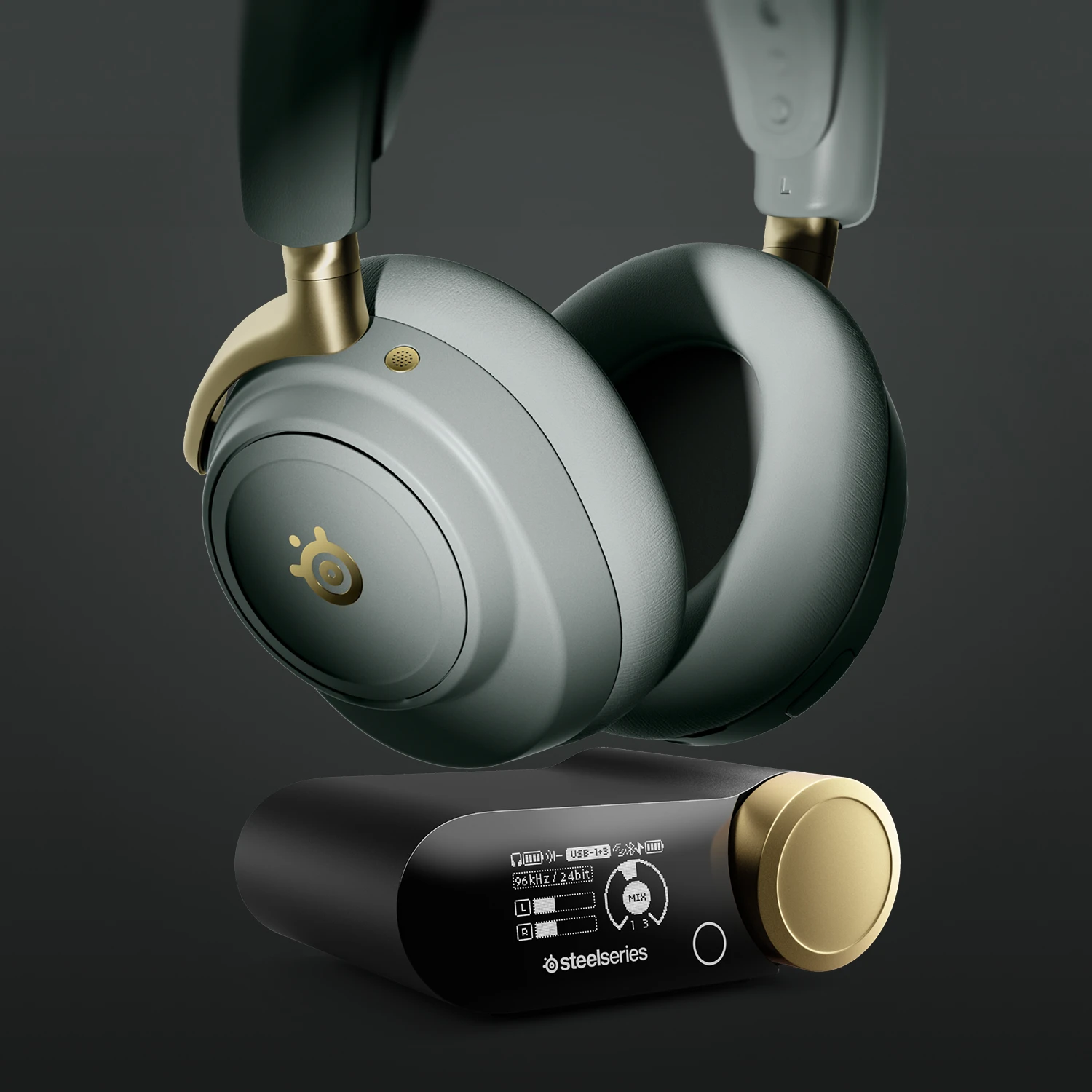 Arctis Nova Elite sage gold hoovering above docking station