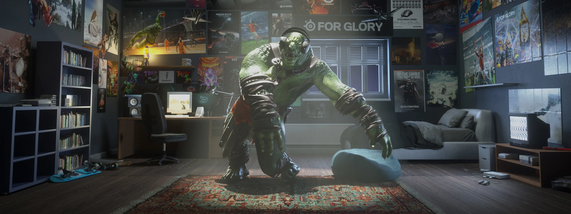 A large green orc wearing headphones is in a gamer's bedroom, surrounded by video game and sports posters, about to sit on a beanbag.