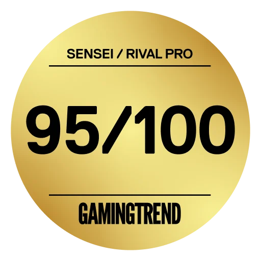 Gold circular review badge reading “SENSEI / RIVAL PRO,” with a large “95/100” score and “GAMINGTREND” at the bottom