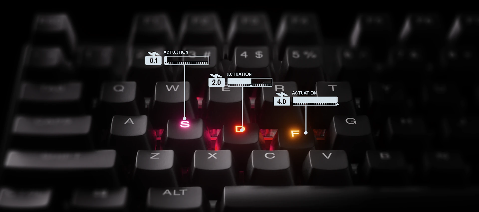 Primer plano del teclado para juegos SteelSeries Apex Pro, en el que destacan los interruptores OmniPoint ajustables con diagramas de actuación milimétricos para las teclas S, D y F.