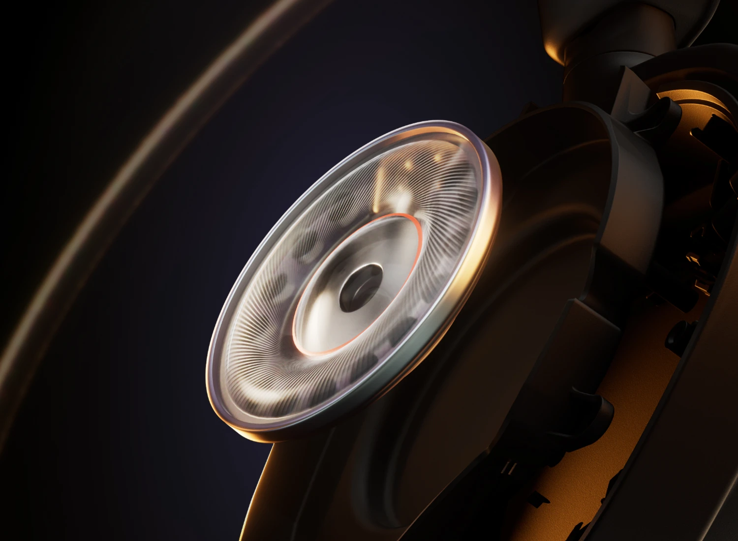 Stylizovaný render odkryté reproduktorové jednotky sluchátek s zářící oranžovou stopou, která se kolem ní vlní na černém pozadí.